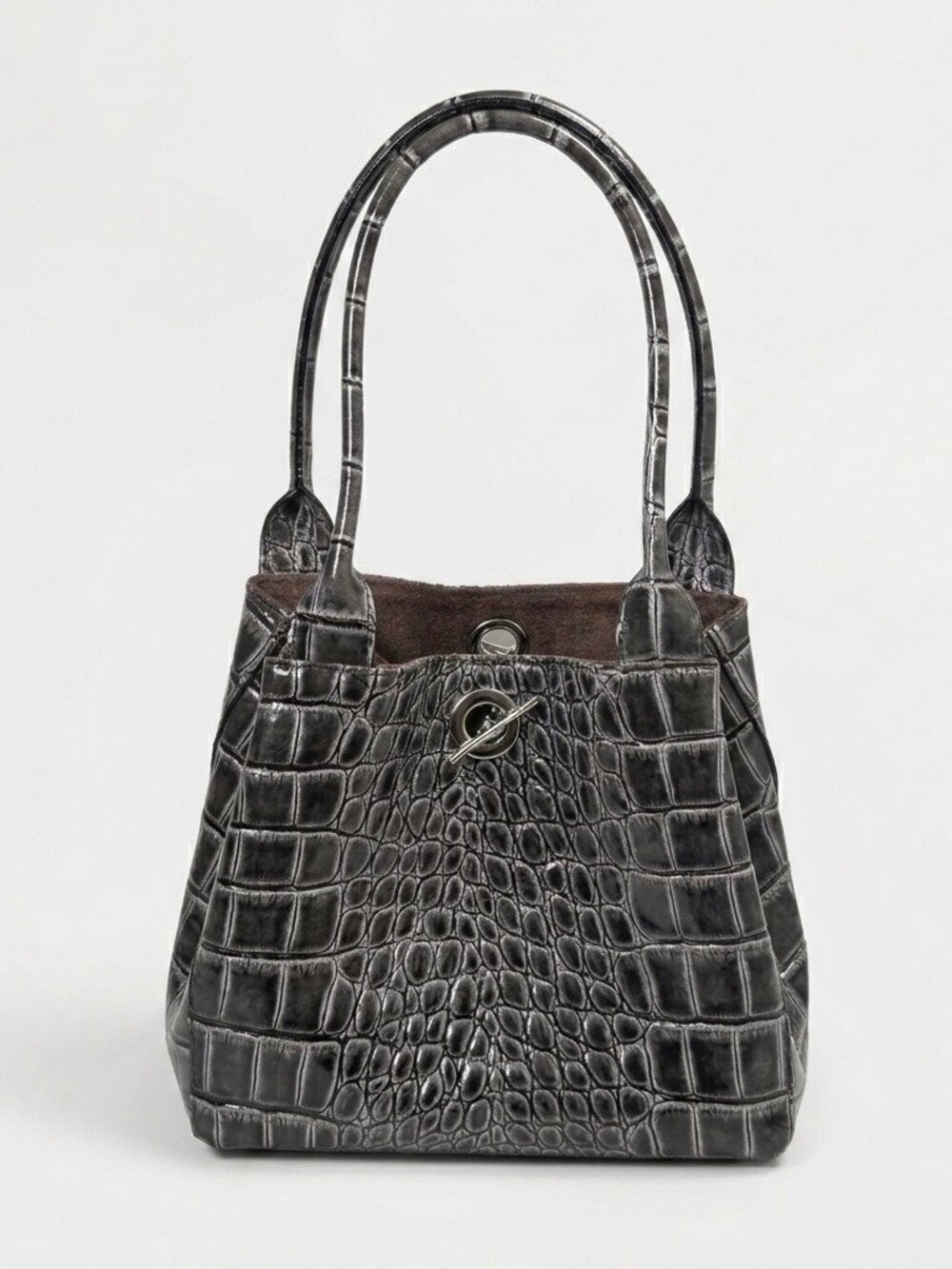 Grey Croc Embossed Structured Tote Bag Suede Lining Chic Glam Old Money Office